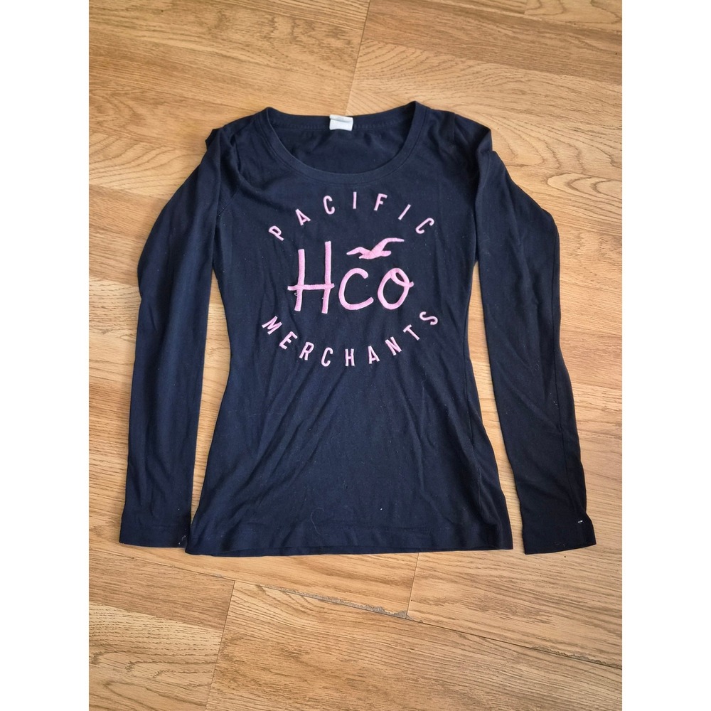 Hollister Pacific Merchants HCo Graphic Long Sleeve Tee Navy Blue Pink XS